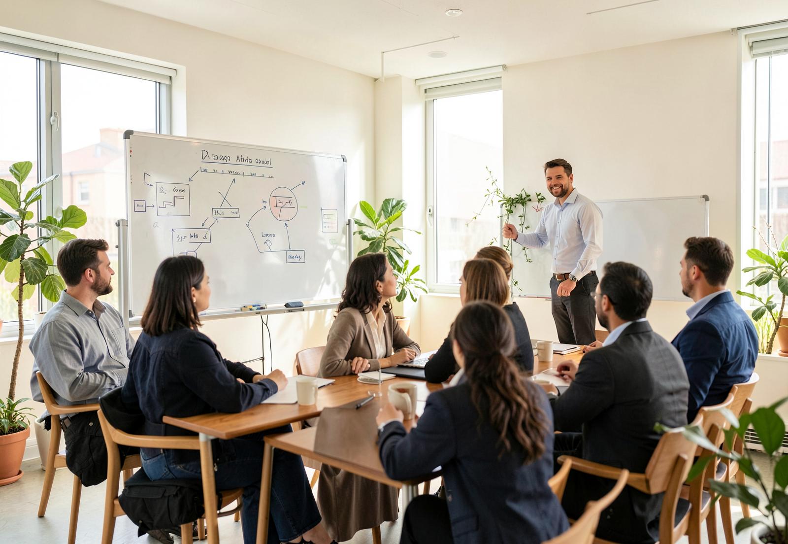Sala de treinamento clara e moderna com instrutor e participantes em workshop gerencial