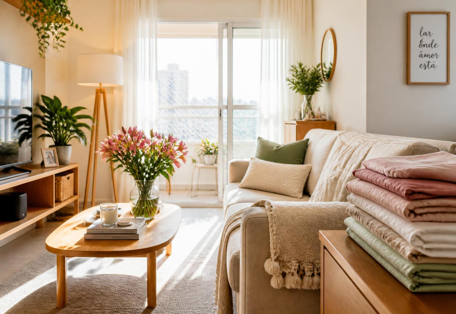 Sala de estar clara e organizada com roupas dobradas e flores frescas